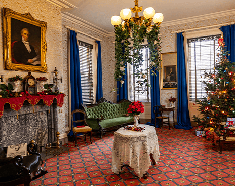 The parlor at Wheatland decorated for the holidays.