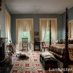 James Buchanan's Bedchamber A view of Buchanan's bedchamber featuring a red, blue, and green carpet, his large bed, and a hat tub for bathing.