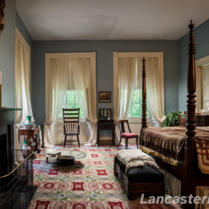 James Buchanan's Bedchamber A view of Buchanan's bedchamber featuring a red, blue, and green carpet, his large bed, and a hat tub for bathing.