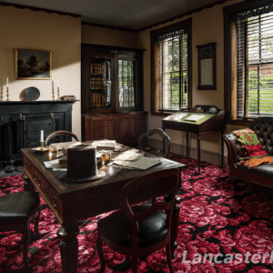 The Library The library features a bright black and maroon carpet with desks and papers.
