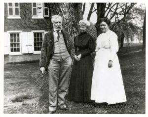 From left, George Willson, Mary E. Willson, and Mary Willson Rettew on the grounds of Wheatland. Reprint of photograph. 