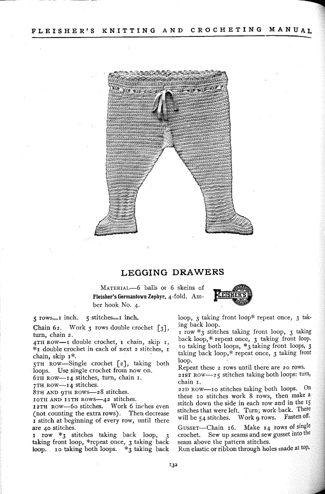 Infant legging pattern from Fleisher's Knitting & Crocheting Manual, 1918